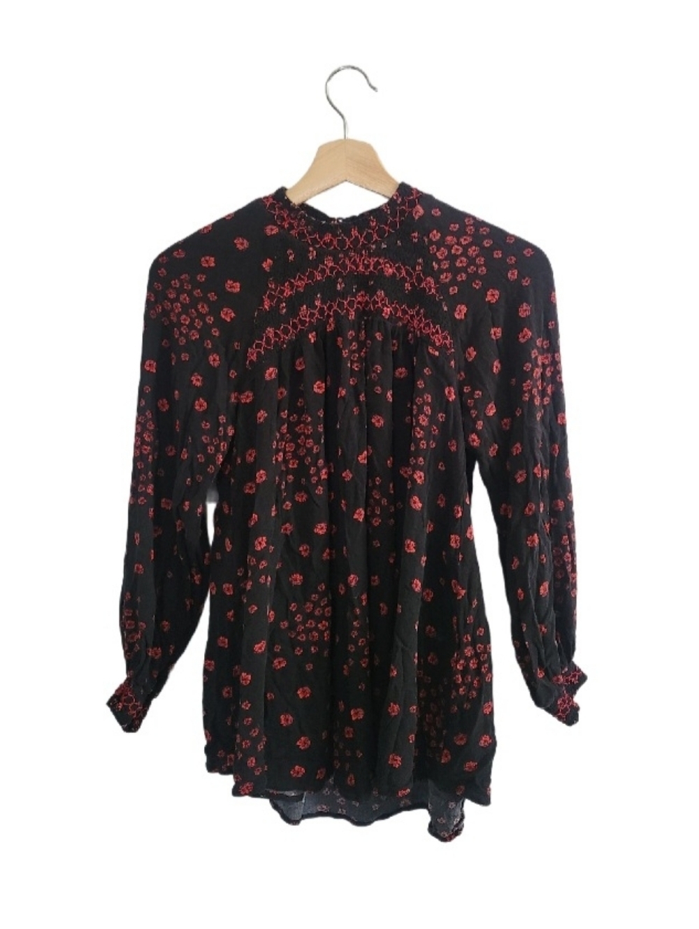 FREE PEOPLE Size XS Smocked Floral Blouse Black Red Boho Peasant Top - Picture 3 of 11